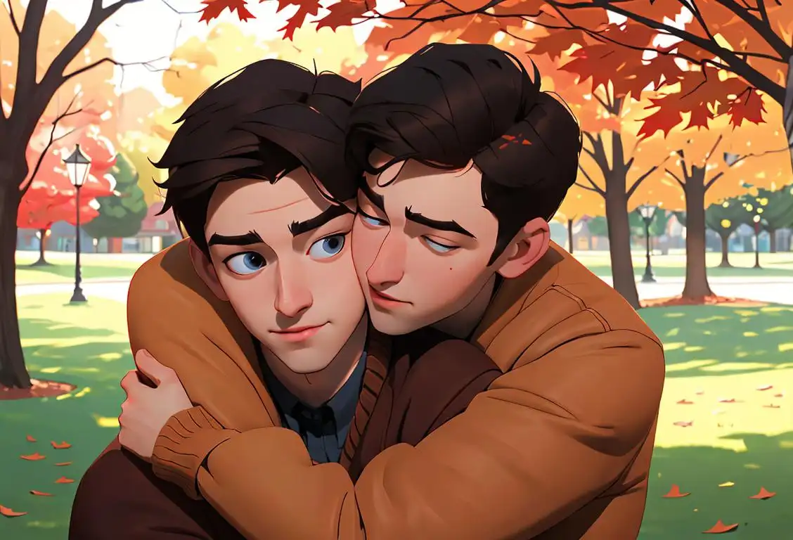 Young man named Kevin receiving a warm hug from a friend, both wearing cozy sweaters, autumnal park setting..