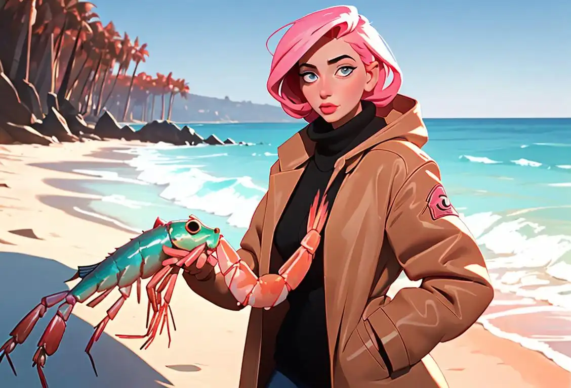 Young woman holding a jumbo shrimp, wearing a winter coat, summer beach background, bizarre culinary fashion..
