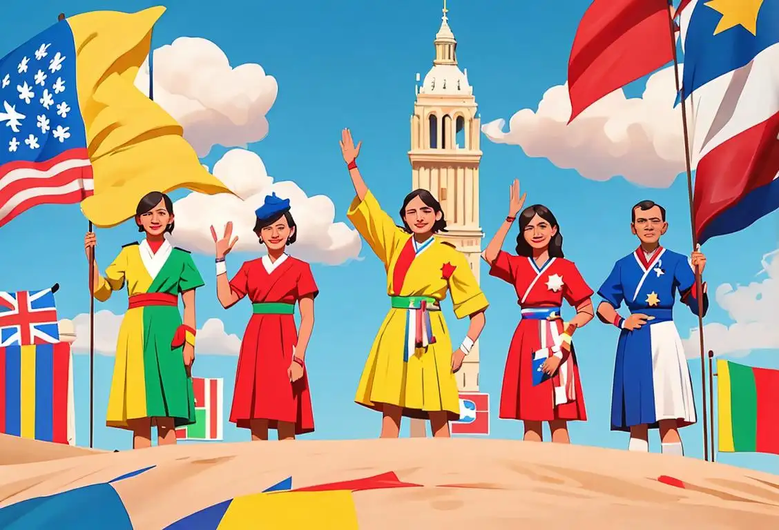 Graphic of a diverse group of people waving our national flag, wearing colorful attire, surrounded by iconic landmarks of our country..