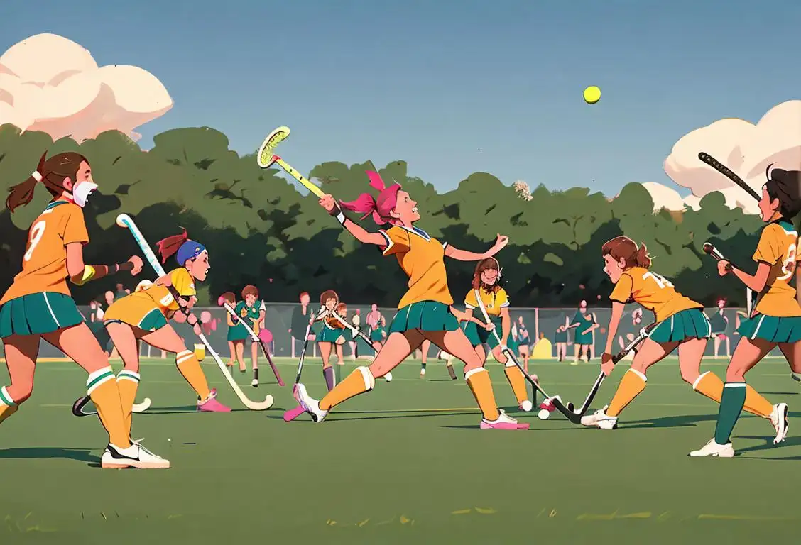 A group of field hockey players with colorful uniforms, enjoying a friendly match on a grassy field, surrounded by cheering fans..