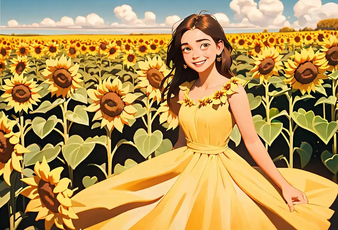 Young woman wearing a sunflower-themed dress, in a wheat field, Kansas flag draped over shoulder, smiling with joy..