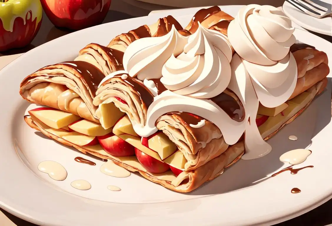 Delicious apple strudel on a plate, served with a dollop of whipped cream, surrounded by fall leaves..