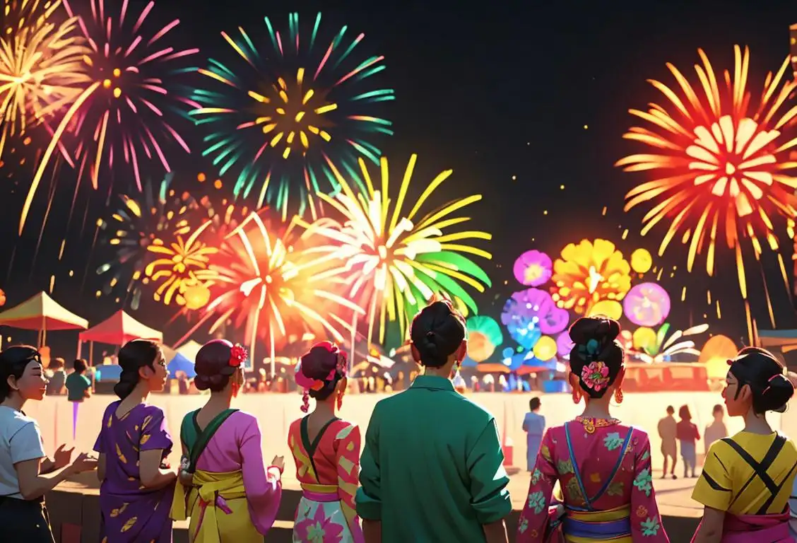 A group of diverse people watching a mesmerizing firework display, wearing colorful festival attire, outdoors in a lively city setting..
