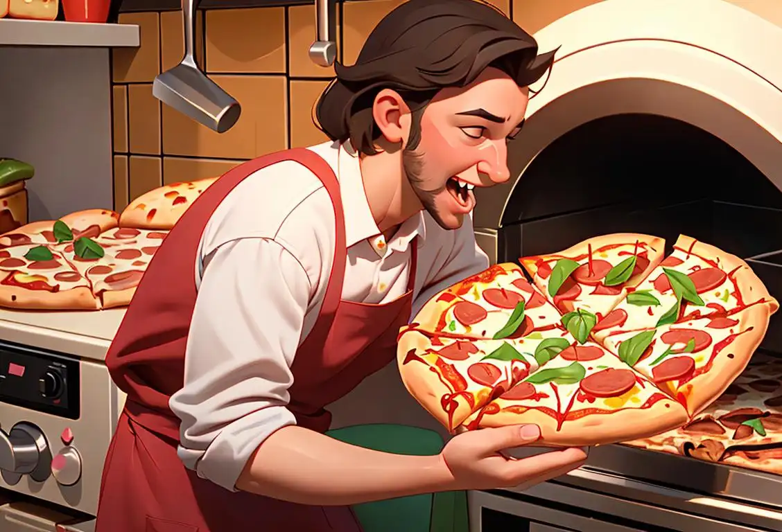 Young person joyfully biting into a slice of sausage pizza, wearing a colorful apron, Italian kitchen scene with pizza oven in the background..