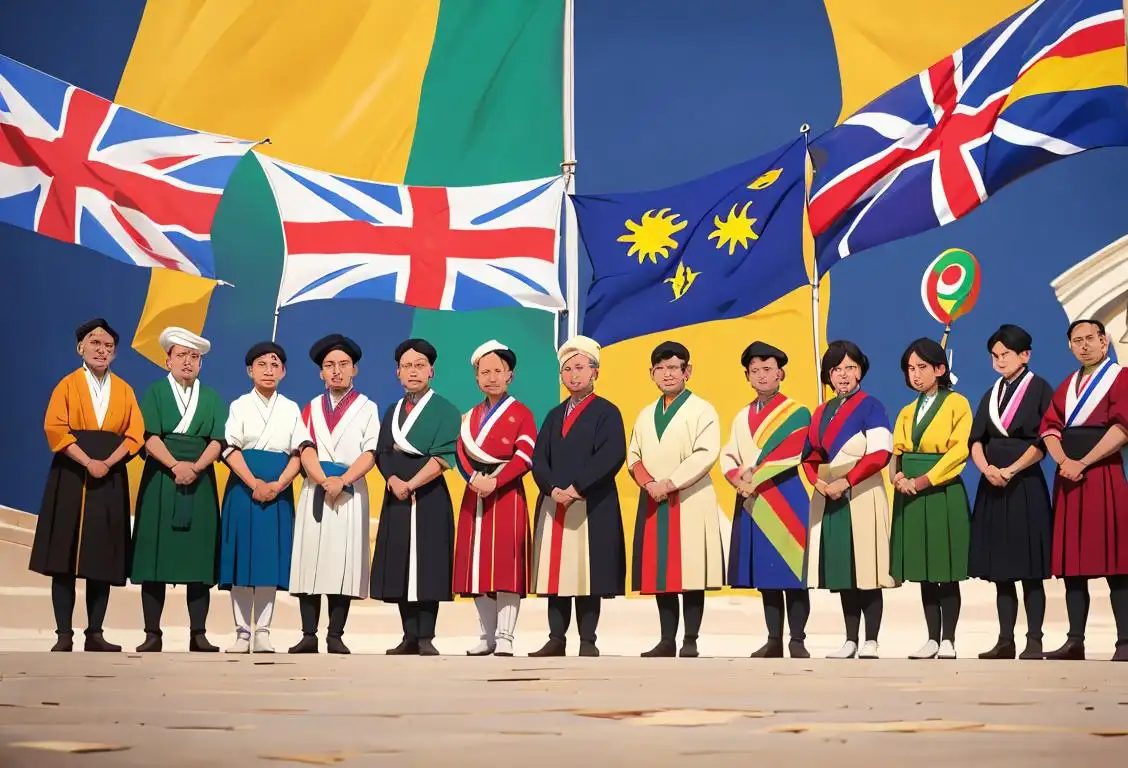 A group of diverse people proudly displaying their national flags, each wearing traditional clothes representing their respective cultures..