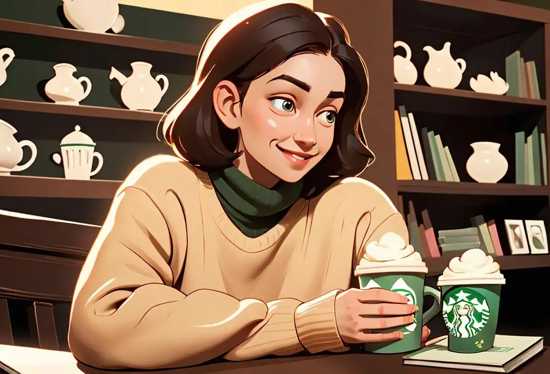 A cheerful individual holding a Starbucks mug, wearing a cozy sweater, surrounded by books and a cozy ambiance..