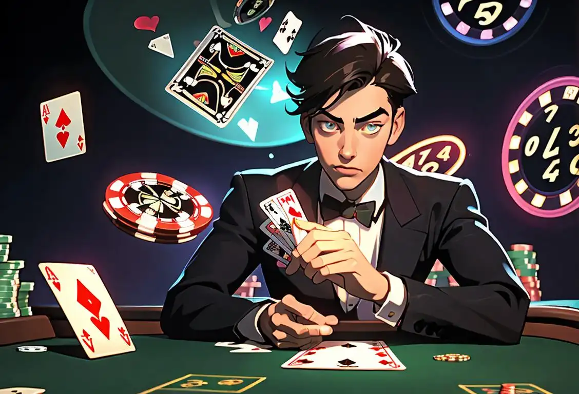 Young person holding a deck of playing cards, wearing a classic suit, surrounded by a casino setting with neon lights..