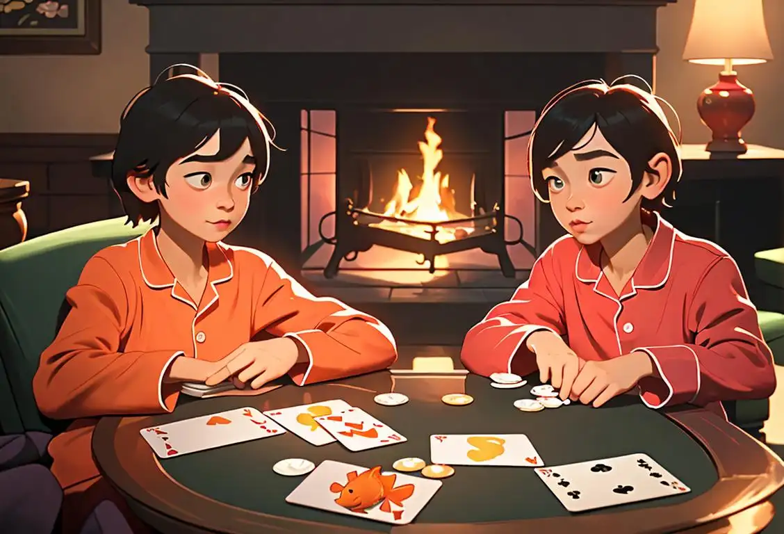 Two siblings sitting at a table, playing Go Fish with colorful cards, wearing matching pajamas, cozy living room with a roaring fire in the background..