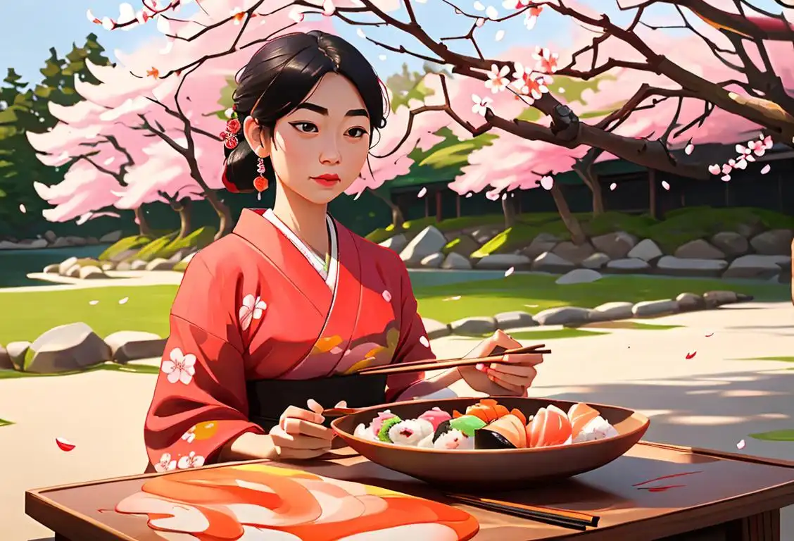 A woman in a traditional Japanese kimono using chopsticks to enjoy a colorful plate of sushi rolls, surrounded by cherry blossom trees..