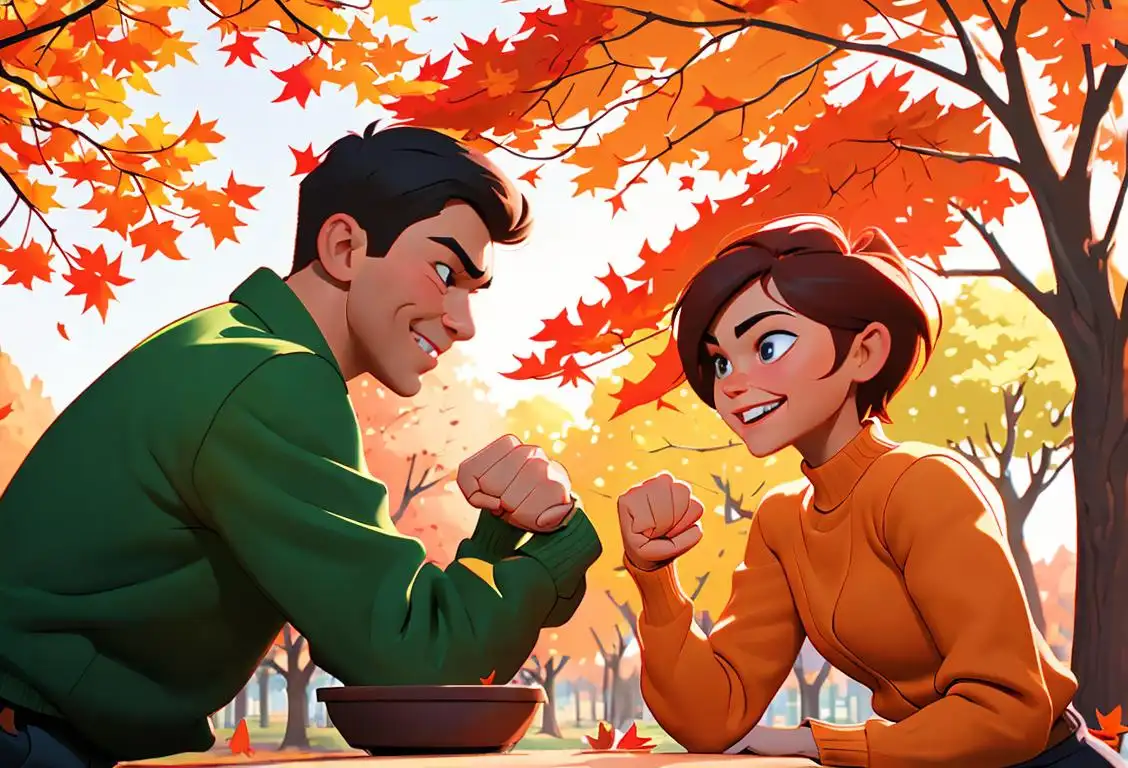 Two people with big smiles, dressed casually, fist bumping in a park with colorful autumn leaves..