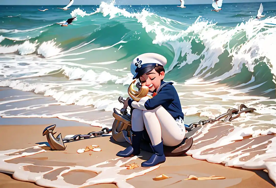 A friendly person in a sailor outfit hugging an anchor on a sunny beach, surrounded by seagulls and crashing waves..