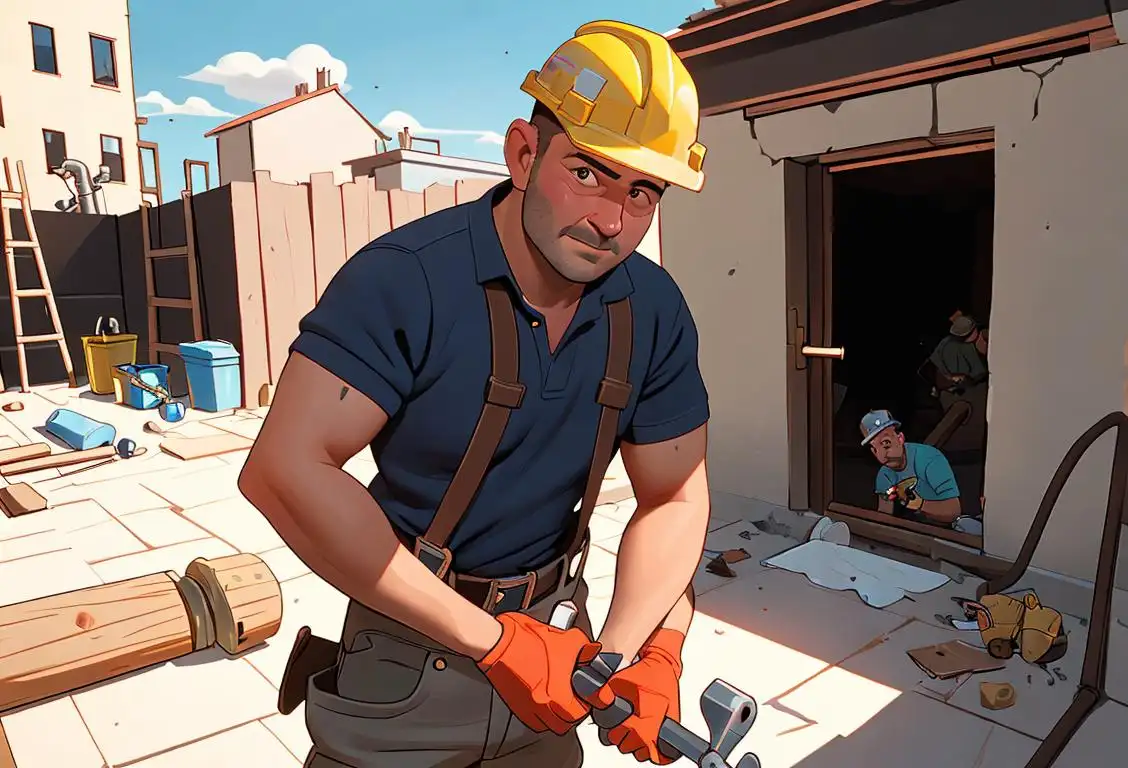 A hardworking tradesman, wearing a tool belt, fixing a leaky pipe in a home under construction, with a sunny and bustling construction site in the background..