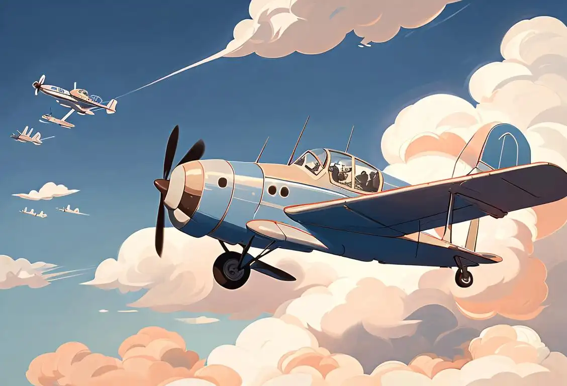 A vintage airplane soaring through the blue sky, with pilots in retro aviator jackets and goggles. The plane is surrounded by fluffy white clouds and a picturesque landscape..