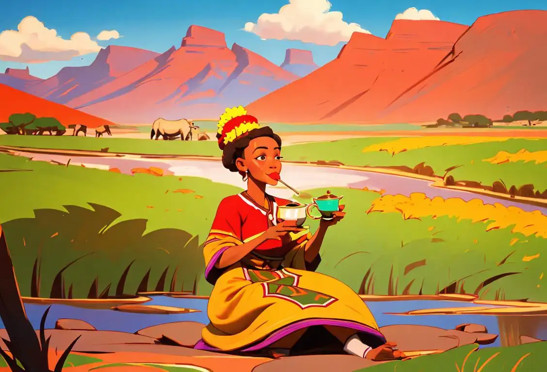 A person sipping rooibos tea, with a backdrop of vibrant South African landscapes, wearing a colorful traditional African attire..