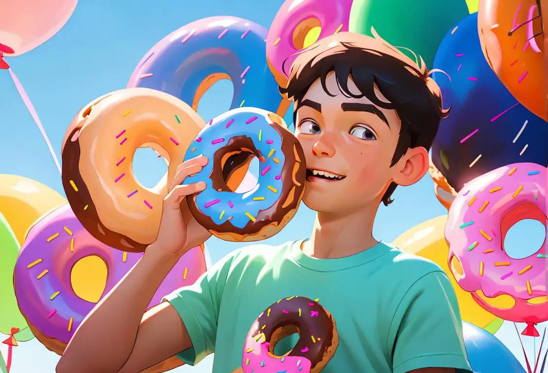 Young boy joyfully holding a donut, wearing a colorful t-shirt, summer park setting, surrounded by playful balloons..