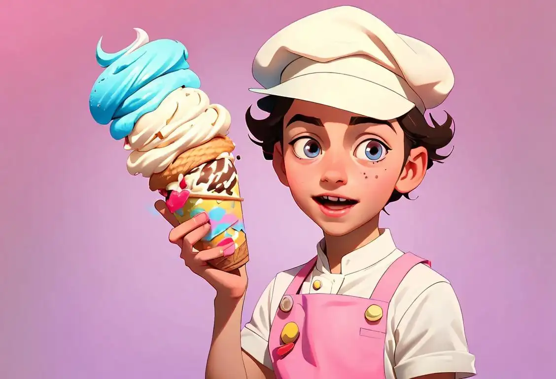 An excited kid holding an ice cream cone topped with creative flavors, wearing a chef's hat, colorful ice cream parlor background..
