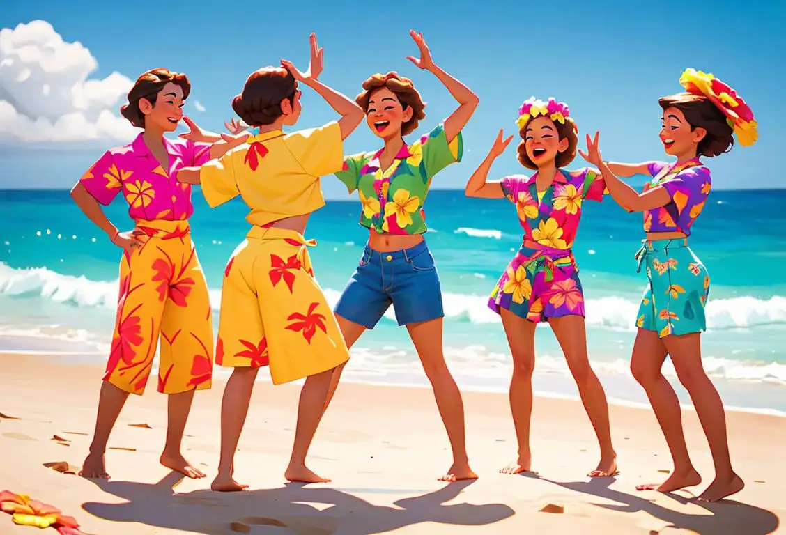 A cheerful group of people, wearing colorful Hawaiian shirts, dancing the hula on a beautiful sandy beach..