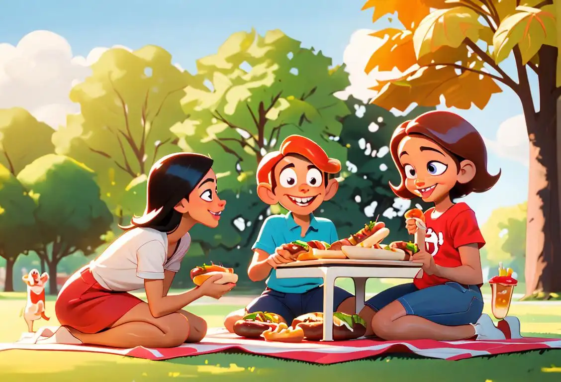 A family gathering around a grill in a park, with smiling faces and hotdogs cooking, wearing casual summer outfits, picnic setting..