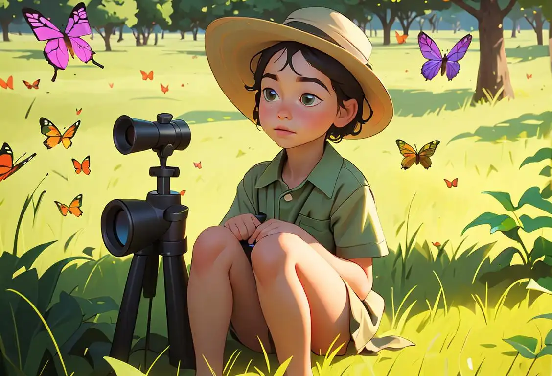 Young child sitting in a lush green meadow, wearing a safari hat, binoculars around the neck, surrounded by colorful butterflies and birds..