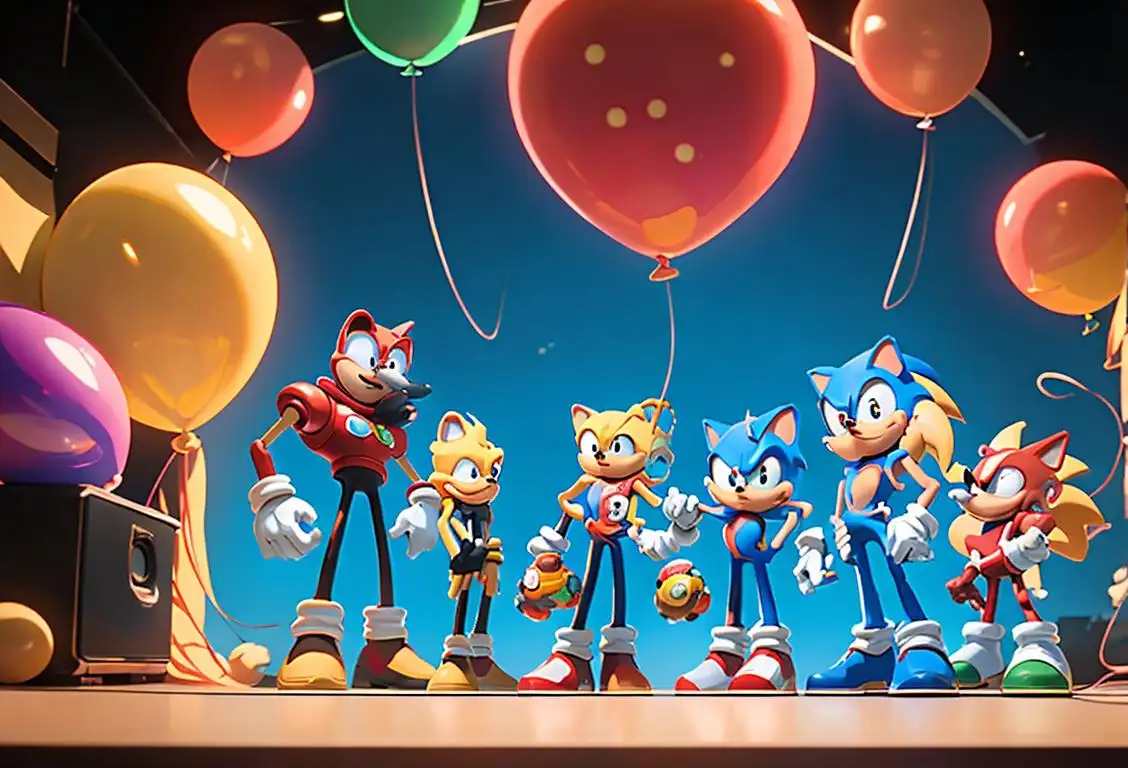 A group of friends dressed up as Sonic, Tails, Knuckles, and Dr. Robotnik, standing in front of a giant Sega Genesis console, surrounded by colorful decorations and balloons. They are all smiling and holding controllers, ready to celebrate National Sonic Day with a fun-filled gaming session..