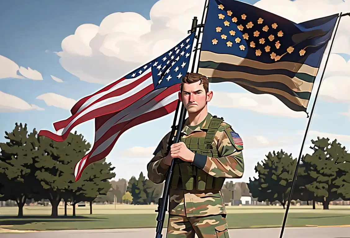 Young man wearing military camouflage, holding a flag, standing in a peaceful outdoor setting with patriotic decor and American flags..
