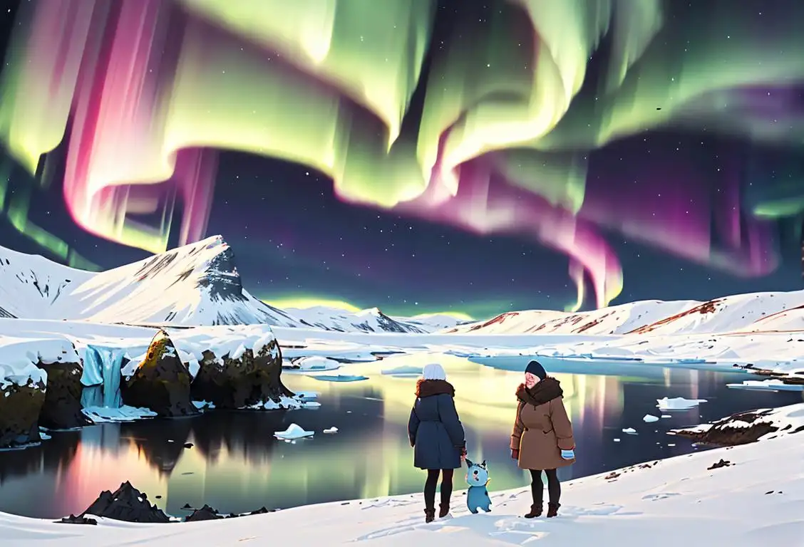 Group of people wearing warm winter clothing, exploring icy landscapes, traditional Icelandic fashion, with a backdrop of the Northern Lights..