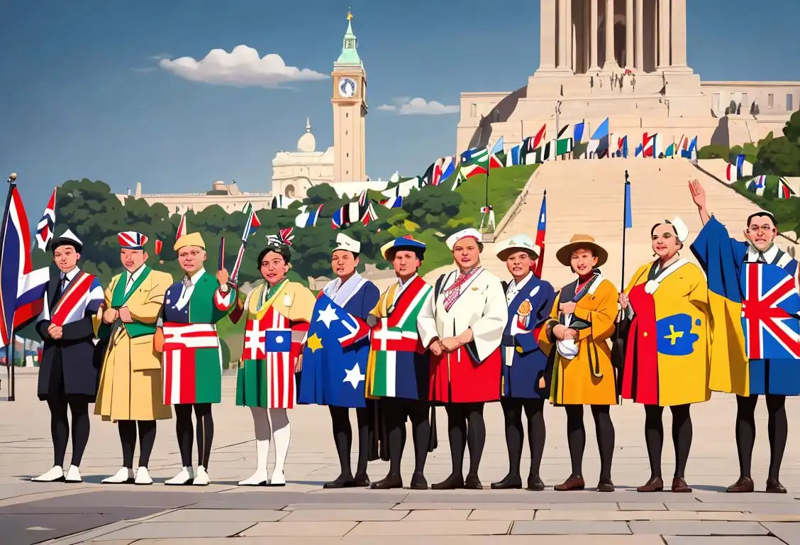 A diverse group of people proudly waving national flags in front of iconic landmarks, dressed in traditional and modern clothing styles, from various countries around the world..