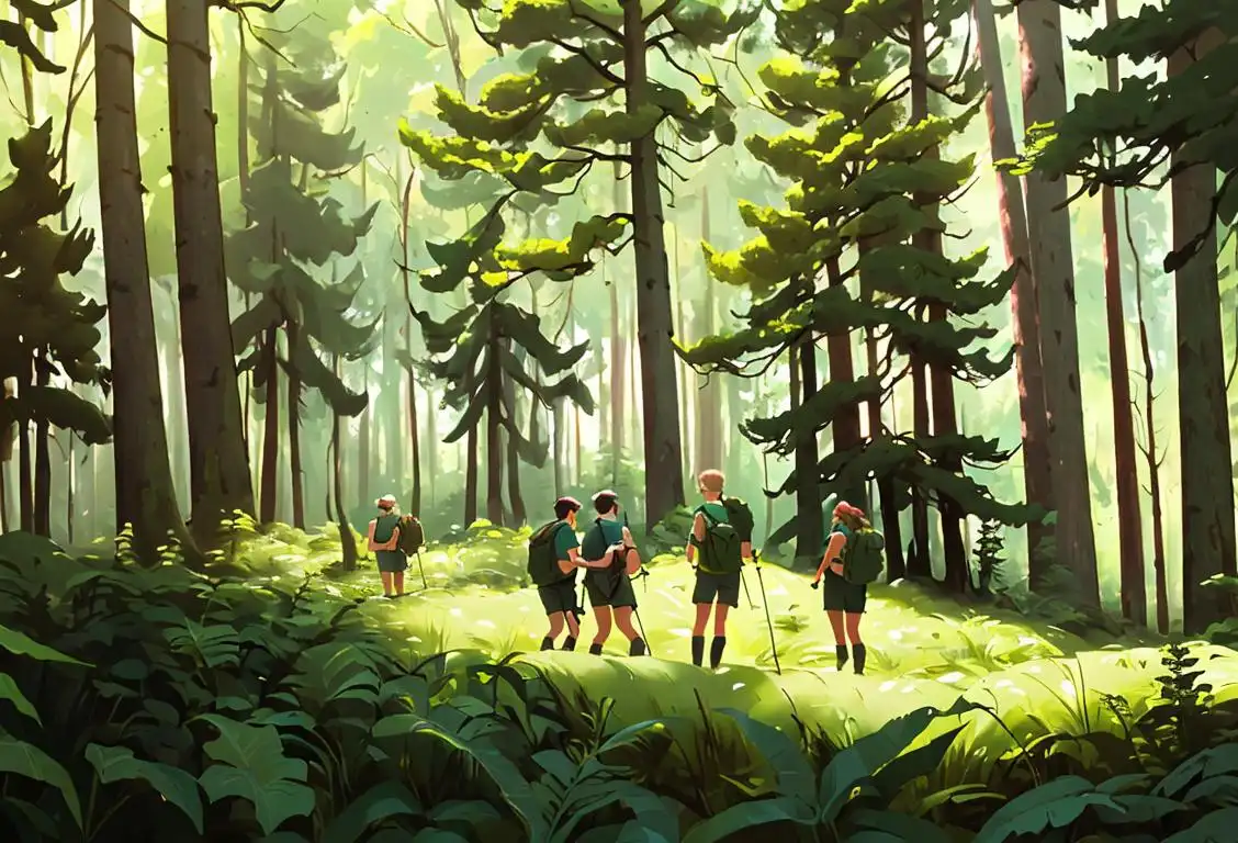 A group of people in hiking gear, paying homage to fallen forest conservationists, surrounded by lush green trees and wildlife..