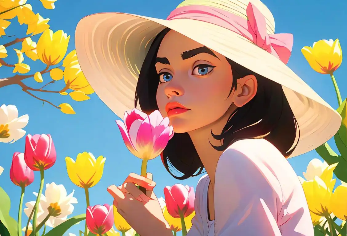 Young woman smelling a colorful tulip, wearing a sunhat, casual spring fashion, surrounded by blooming flowers..