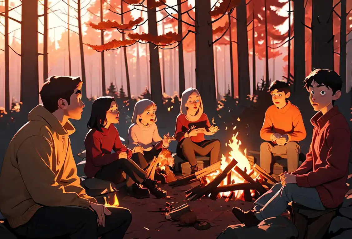 Young people gathered around a bonfire, telling ghost stories, cozy sweaters, autumn forest setting..
