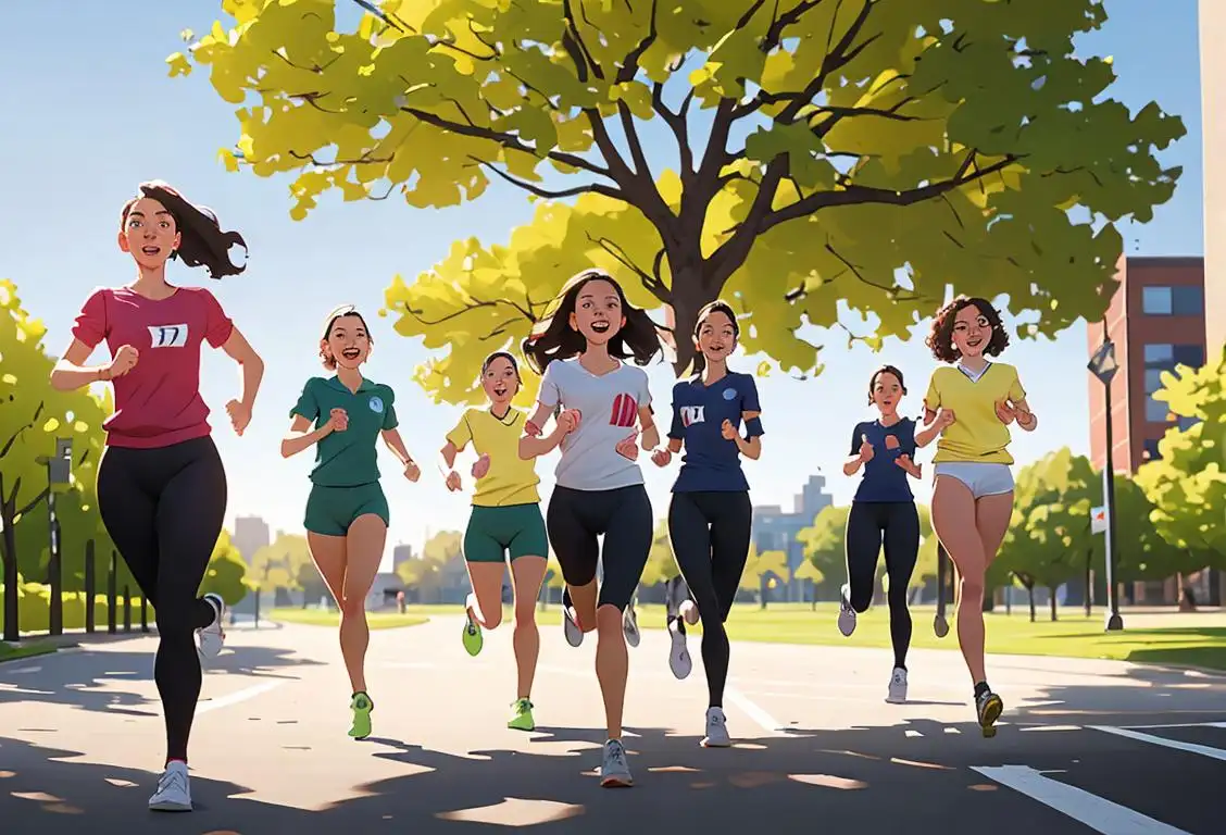 A group of enthusiastic colleagues in athletic wear, running together in an urban office park, showcasing teamwork and fitness..