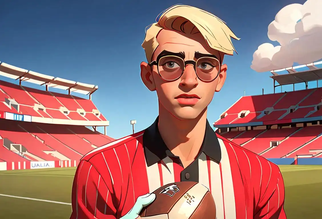 Young man wearing a red and white striped shirt, sunglasses, holding a football, vibrant football stadium background..