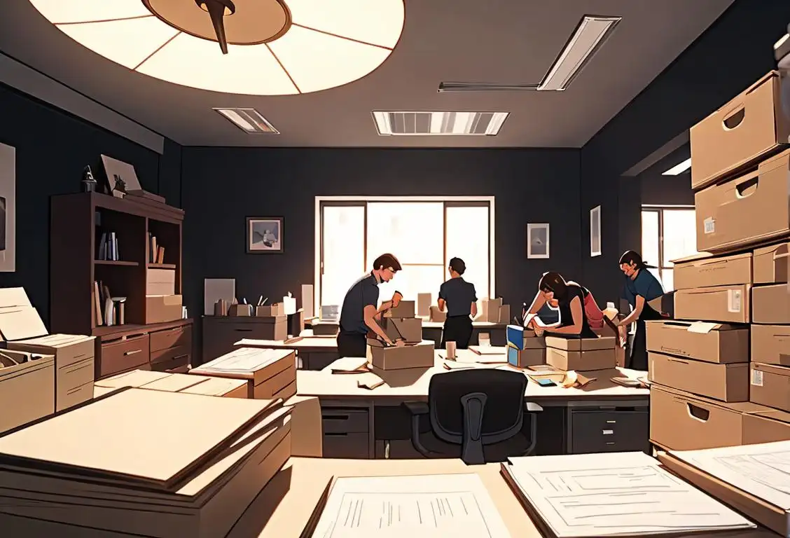 A busy office scene, with workers packing up their desks, wearing casual attire, with a clock in the background.