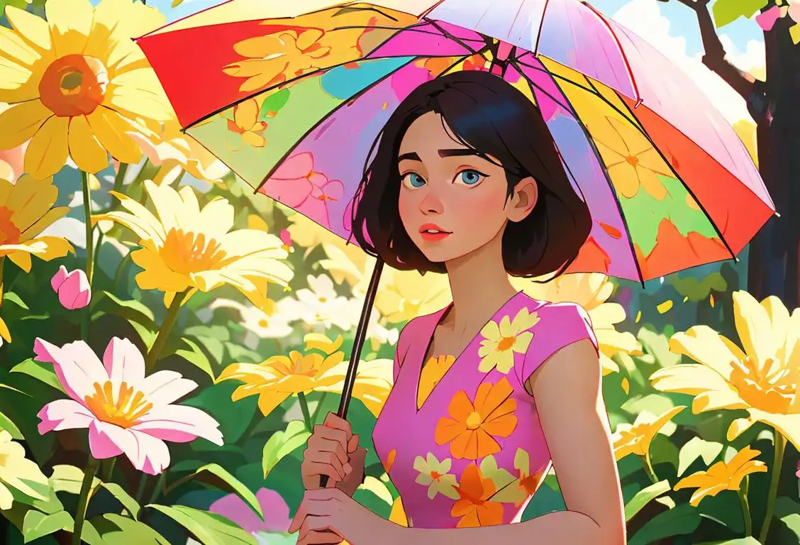 Young woman in a floral dress, holding a colorful umbrella, surrounded by blooming flowers in a sunny park..