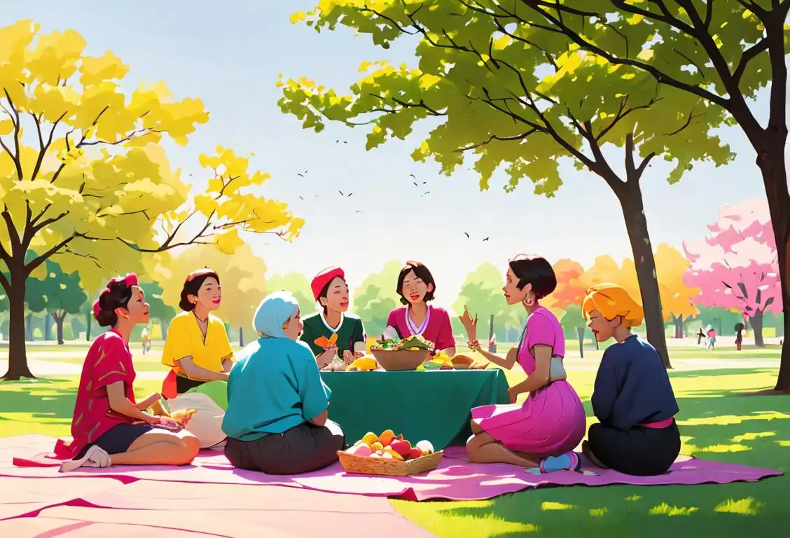 Picture a diverse group of people in colorful, unique and comfortable outfits enjoying a picnic in a park..