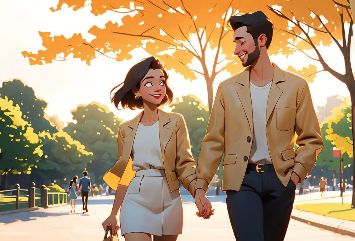 A smiling couple, dressed in trendy clothing, walking hand in hand through a beautiful park in the golden hour of a sunny day..