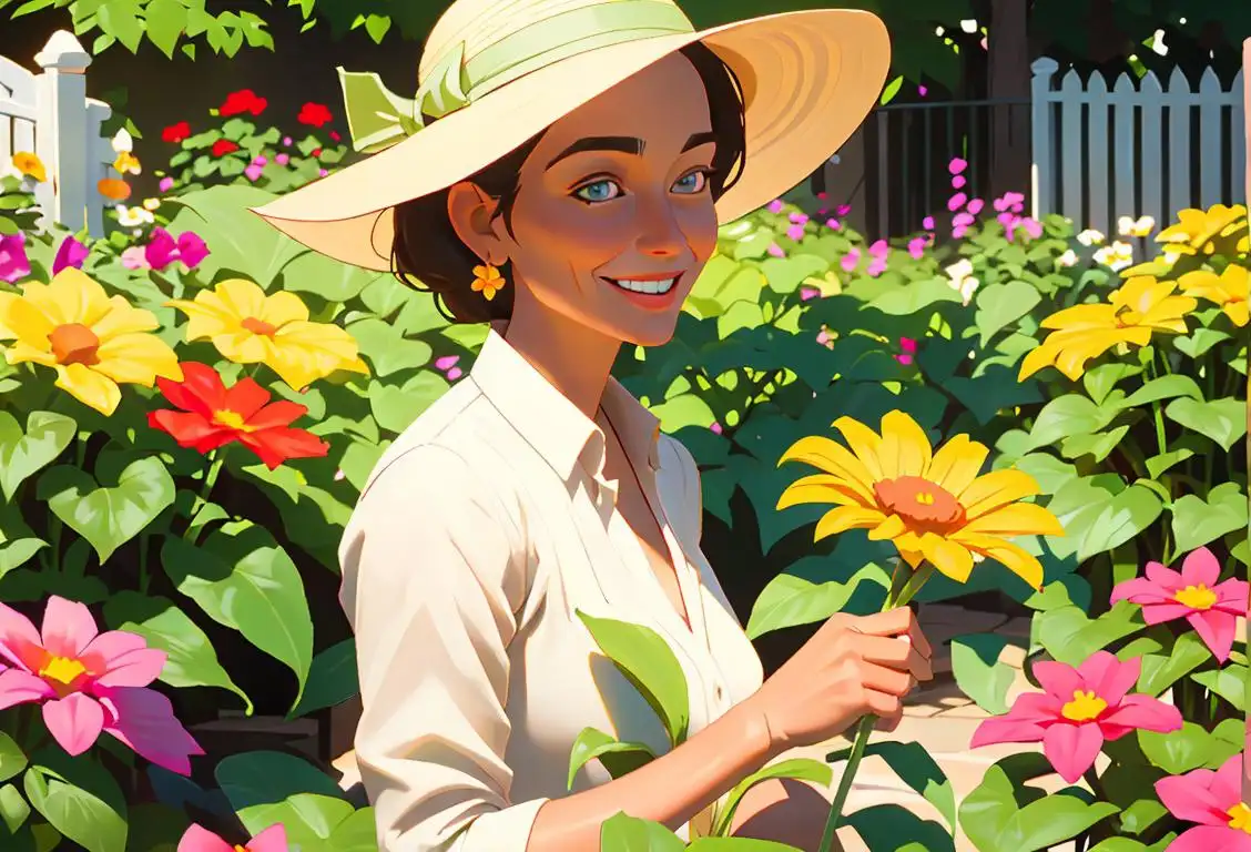 A joyful gardener with sun hat tending to her blooming flowerbeds in a vibrant backyard oasis..