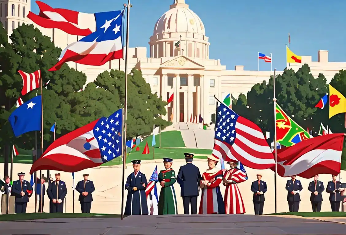 Group of diverse people dressed in patriotic clothing, holding flags, in a park with a scenic backdrop.