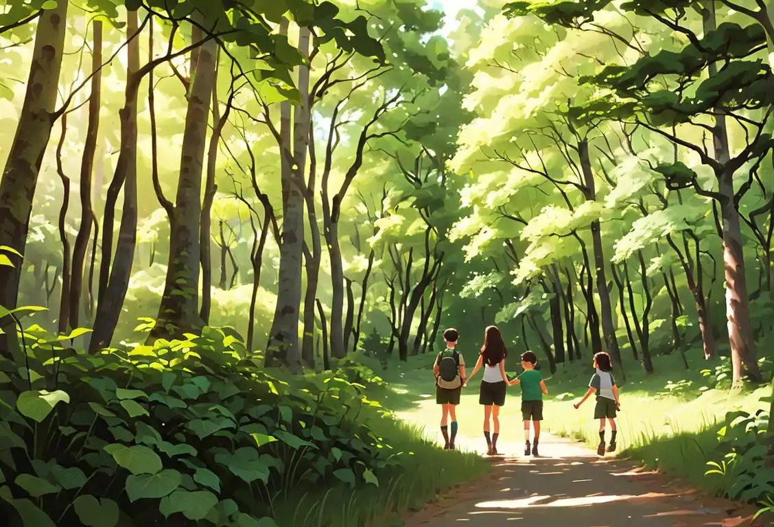 A family hiking through a lush, green forest, wearing hiking boots and carrying binoculars, surrounded by towering trees..