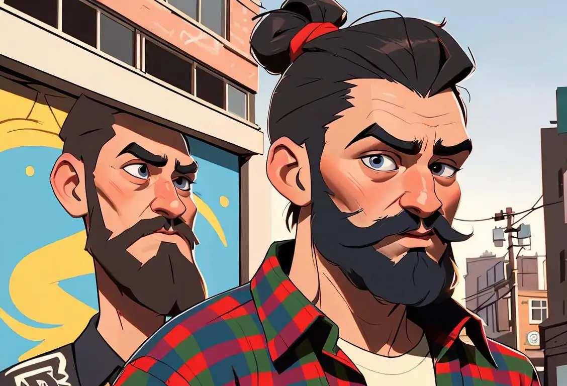 A hipster man with a stylish man bun, wearing flannel shirt, bearded, urban city background with graffiti art..