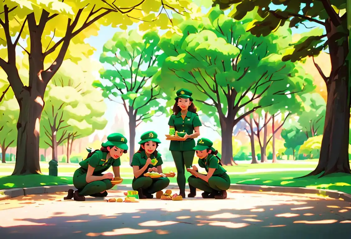 A group of diverse girls in green uniforms, happily selling cookies in a sunny park surrounded by nature..