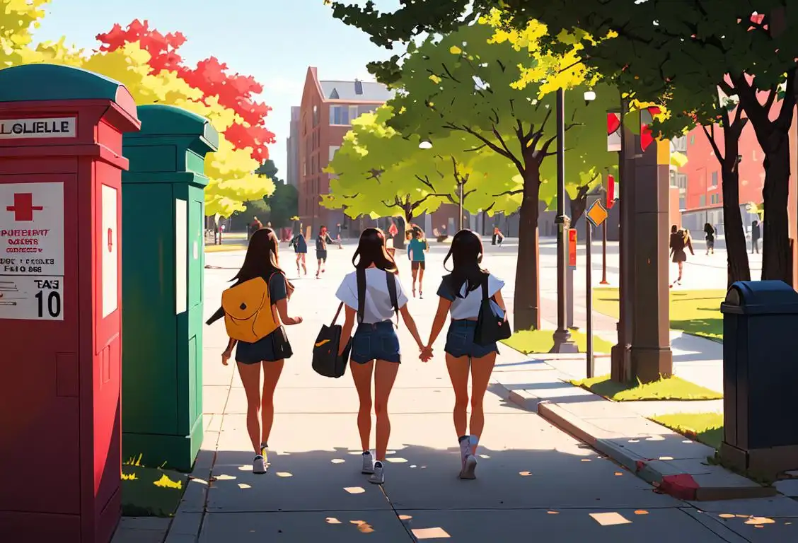 A diverse group of college students, dressed in trendy outfits, walking together on a vibrant campus, highlighting safety features like emergency call boxes and well-lit paths..