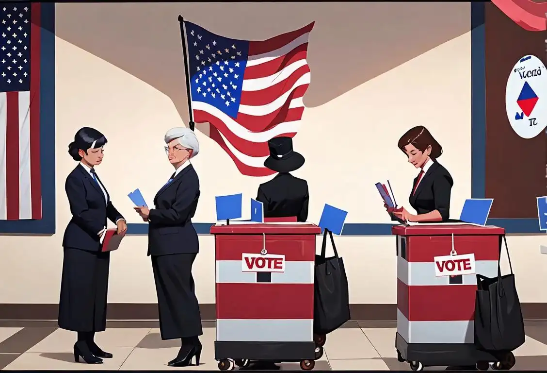A diverse group of poll workers wearing professional attire, with voting booths in the background..