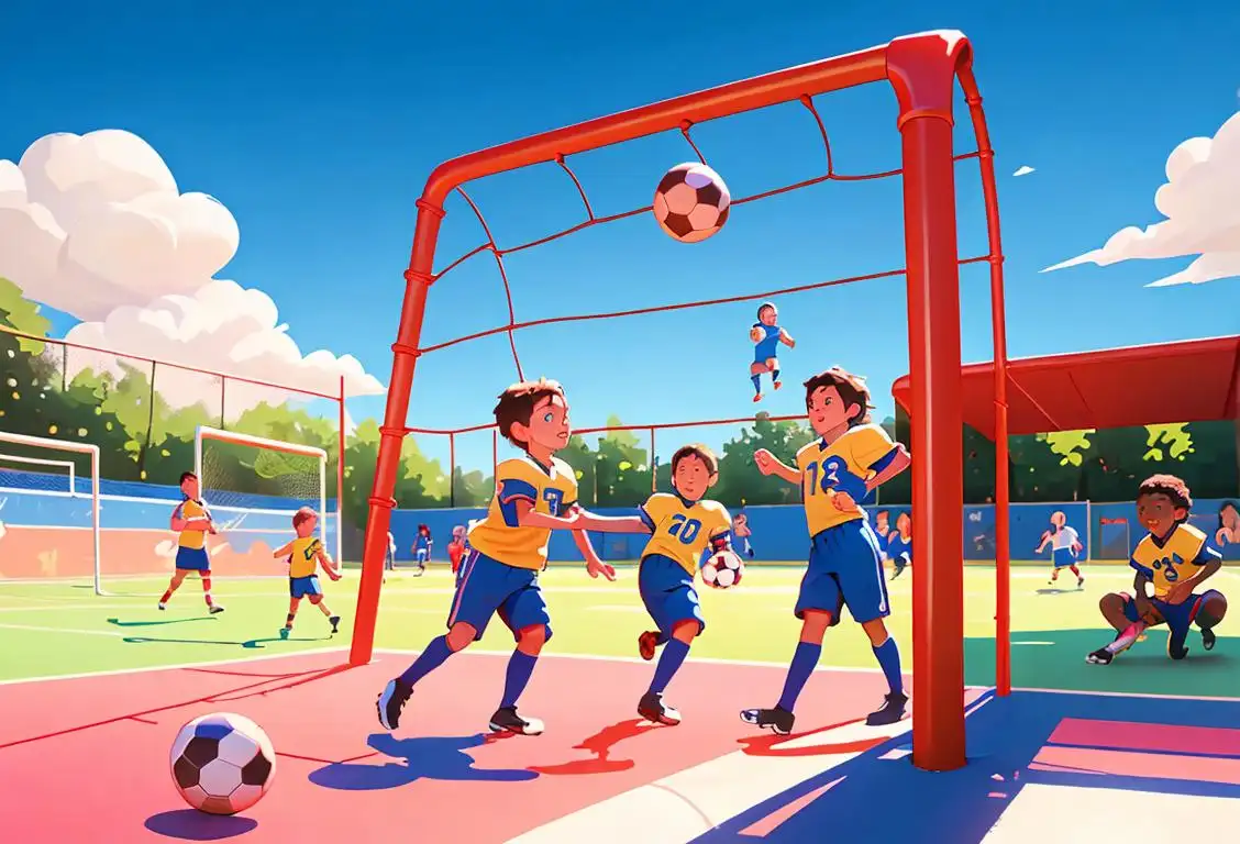 A group of children in a playground, wearing colorful jerseys, with football in hand, under the bright blue sky..