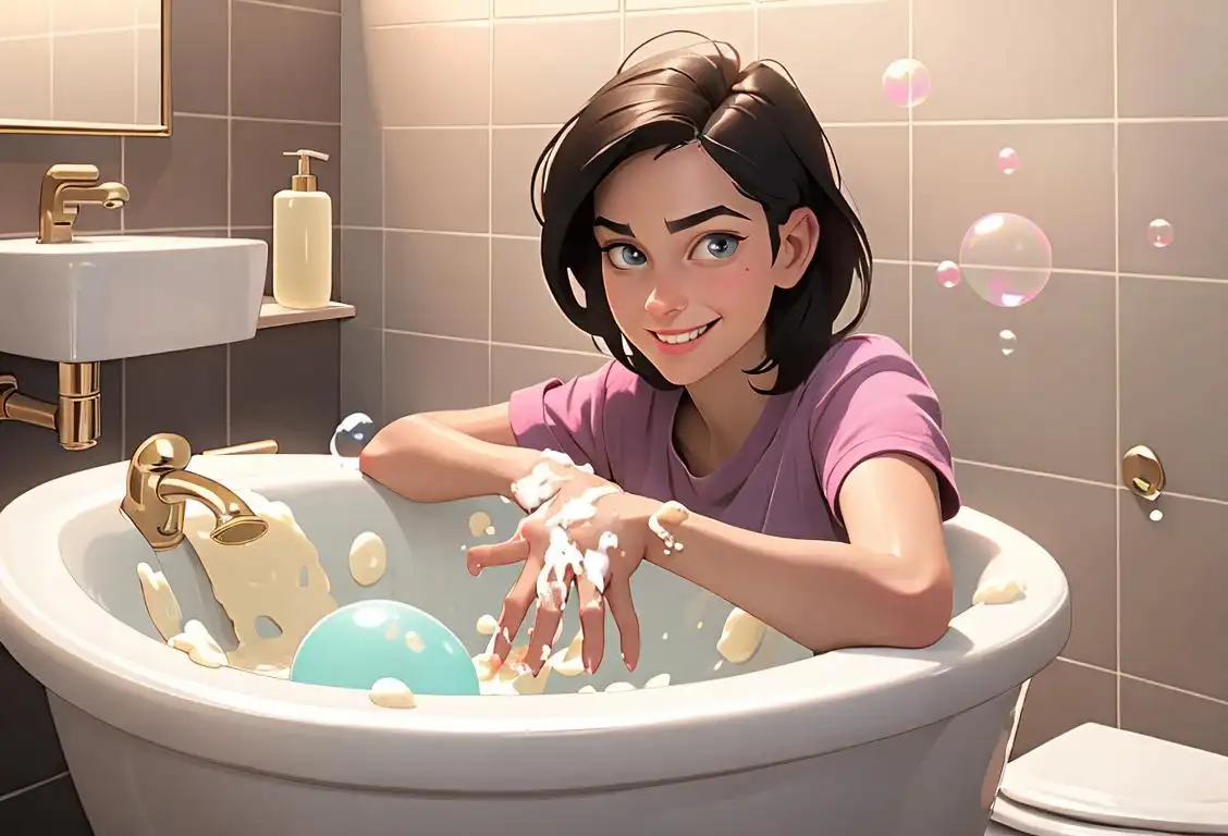 Adult with hands covered in soap bubbles, smiling, wearing casual clothing, in a modern bathroom setting..