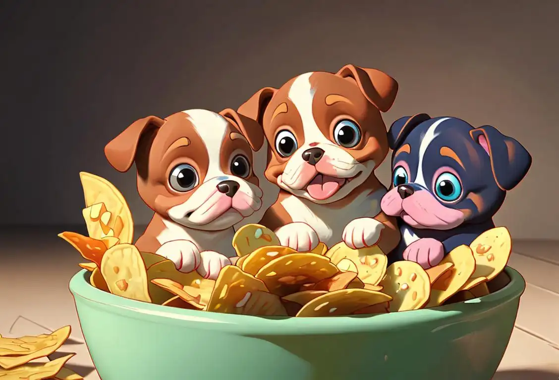 Happy puppies wagging their tails while sitting next to a bowl of colorful chips and a variety of tasty dips. Their cute expressions will melt your heart!.