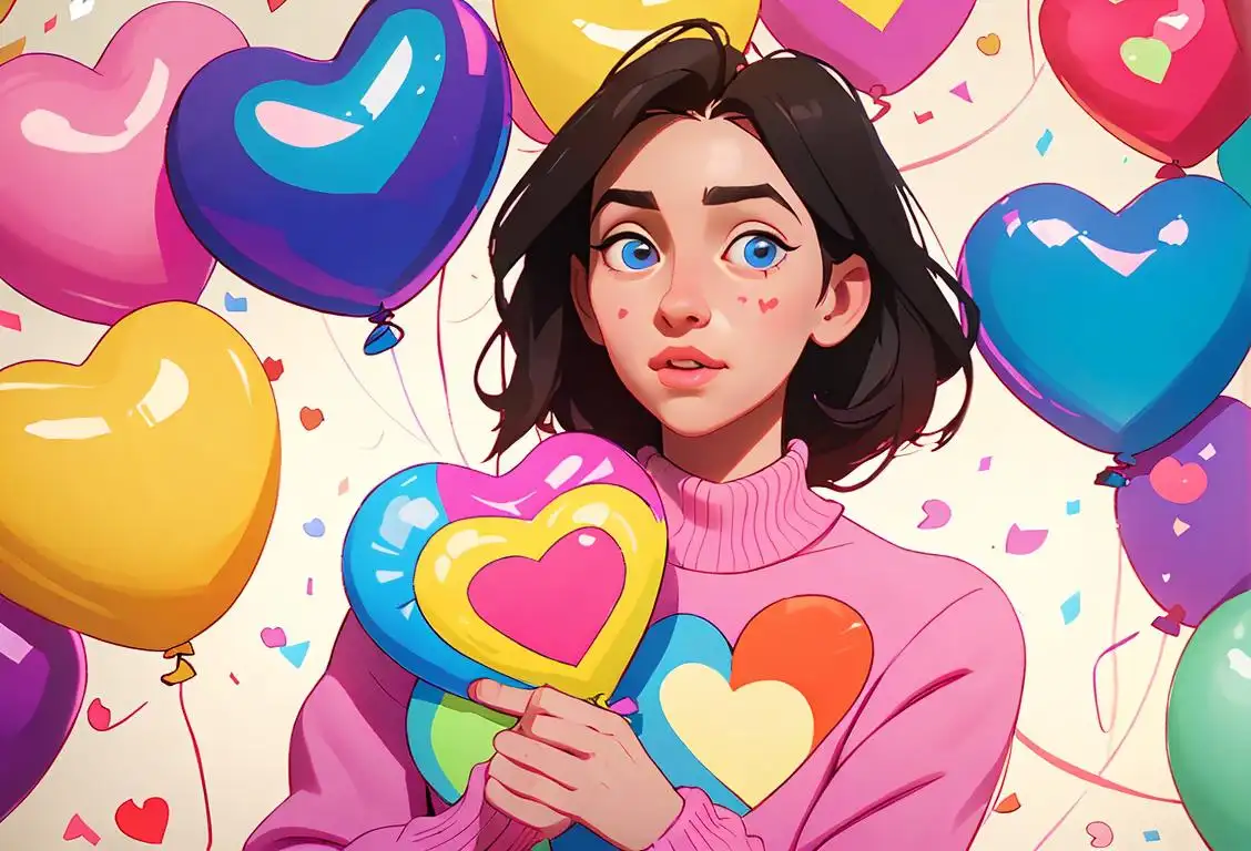 Young person holding a heart-shaped balloon, dressed in a cozy sweater, surrounded by colorful confetti and love-themed decorations..
