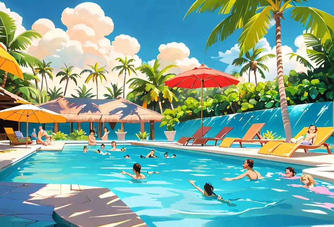 A joyful group of diverse individuals splashing in a clear blue pool, wearing bright swimwear, surrounded by tropical palm trees and sun umbrellas..