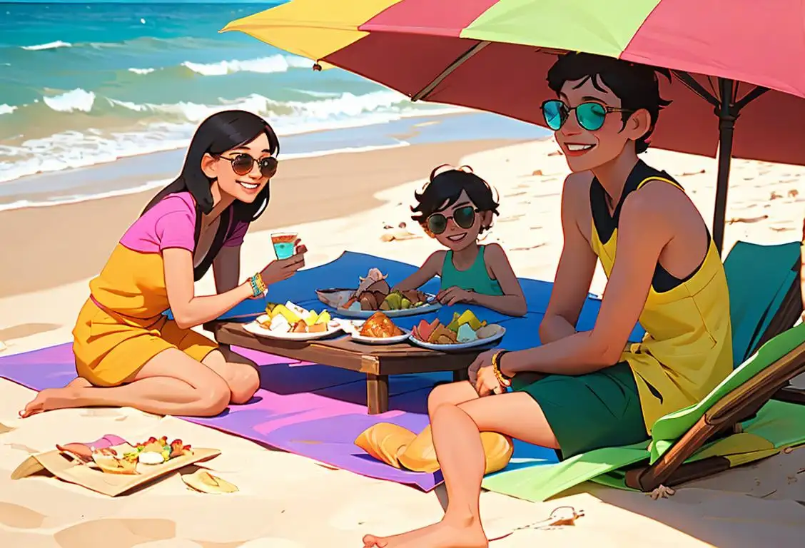 Young adults smiling while enjoying a delicious boodle feast, beach setting, wearing colorful beachwear and trendy sunglasses..