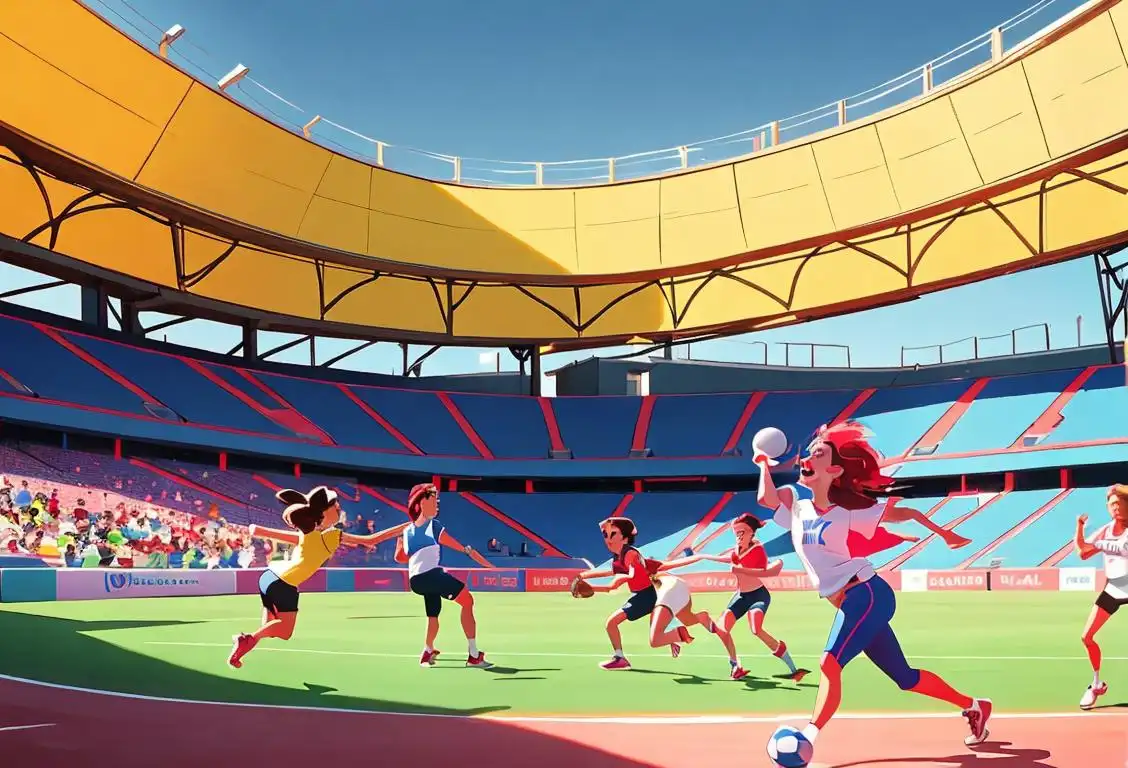 A group of people energetically playing different sports, wearing colorful sportswear, with a vibrant stadium in the background..